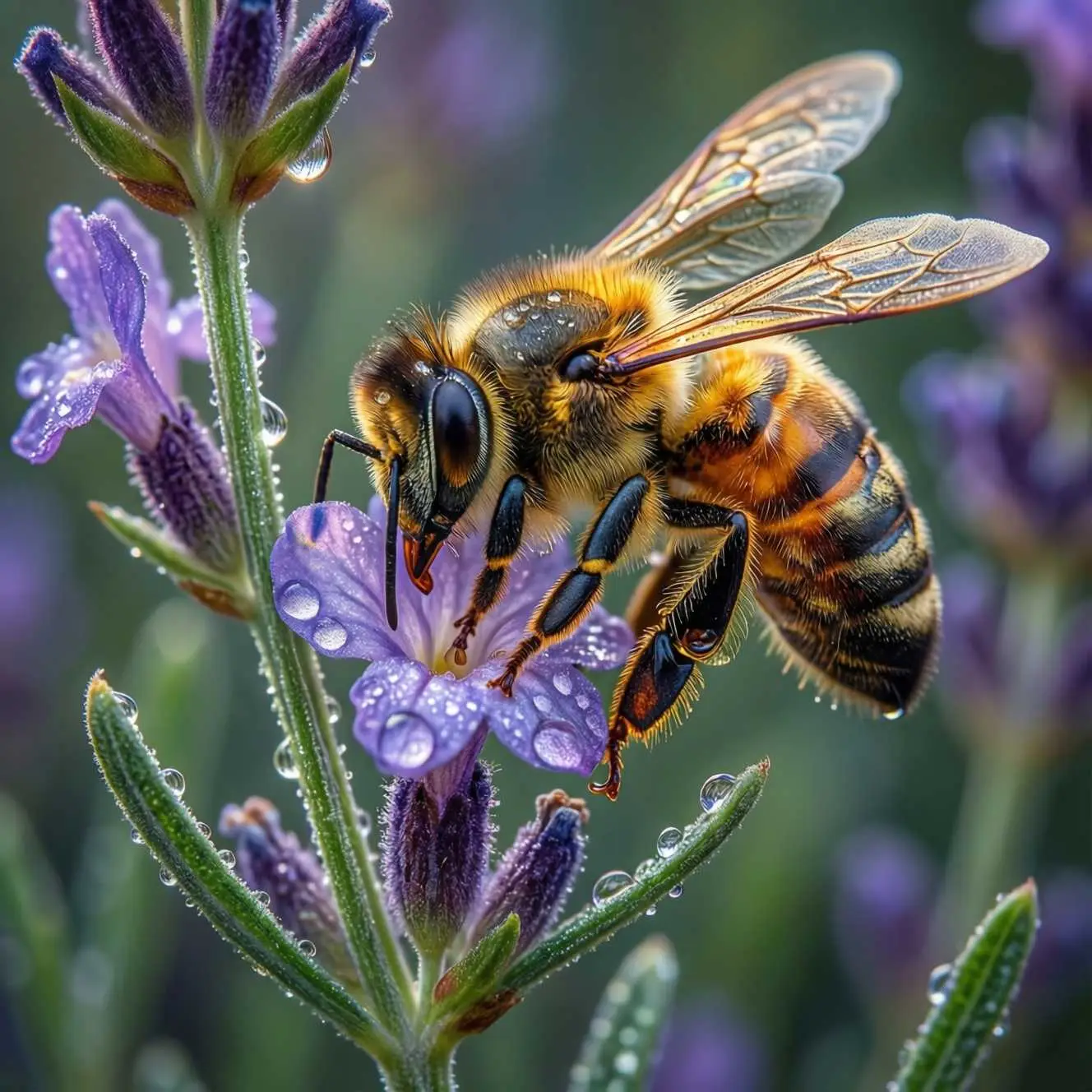 Honeybee pollinating a dewy lavender flower