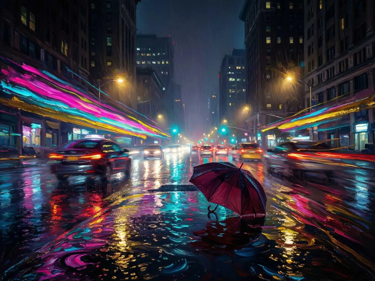 A rainy city street at night