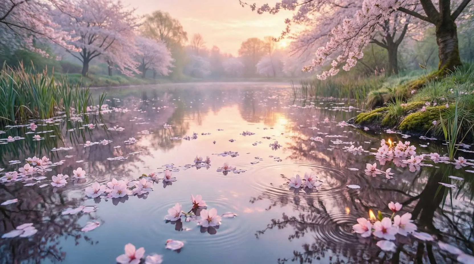 Cherry blossom petals floating
