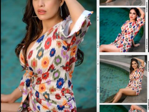 Neha Malik hot swimming pool photoshoot in short printed midi dress