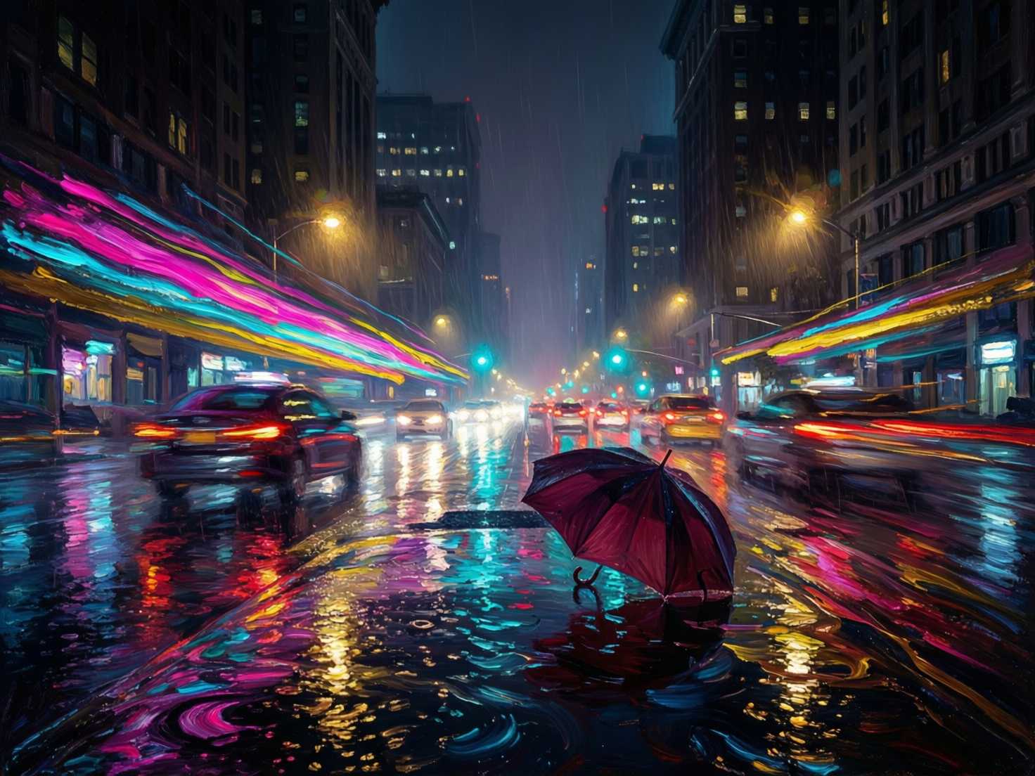 A rainy city street at night