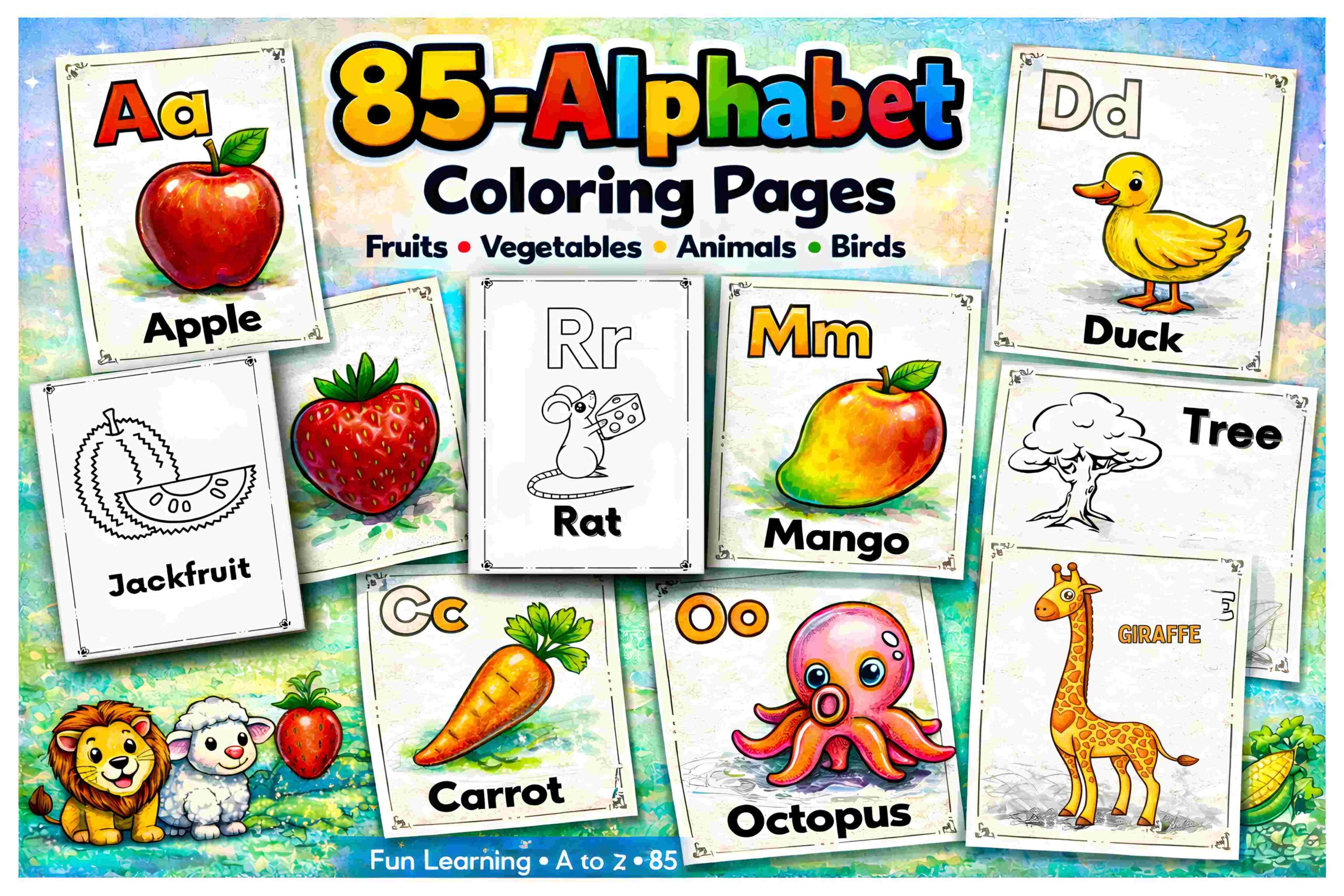 85-Page Alphabet Coloring Book for Kids – A to Z Fun with Fruits, Animals & More! (Instant PDF Download)