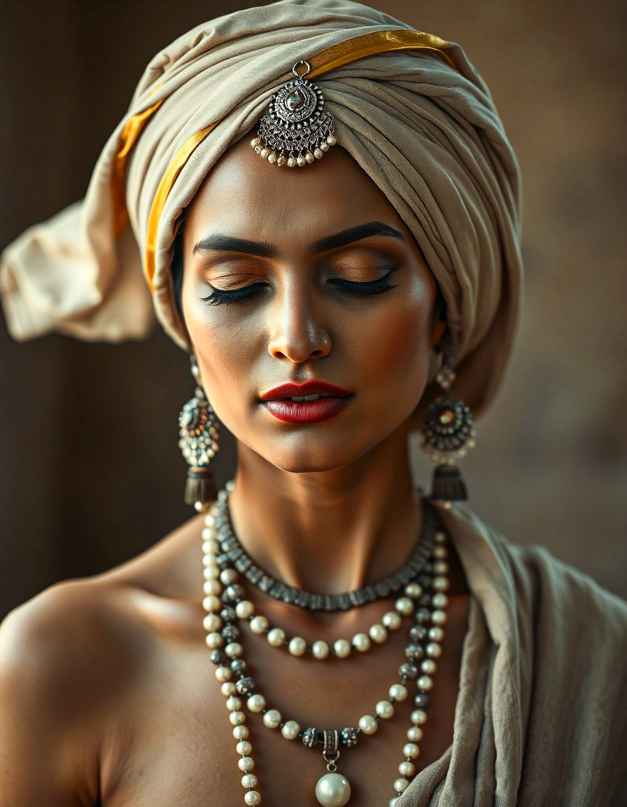 Serene woman in flowing beige turban