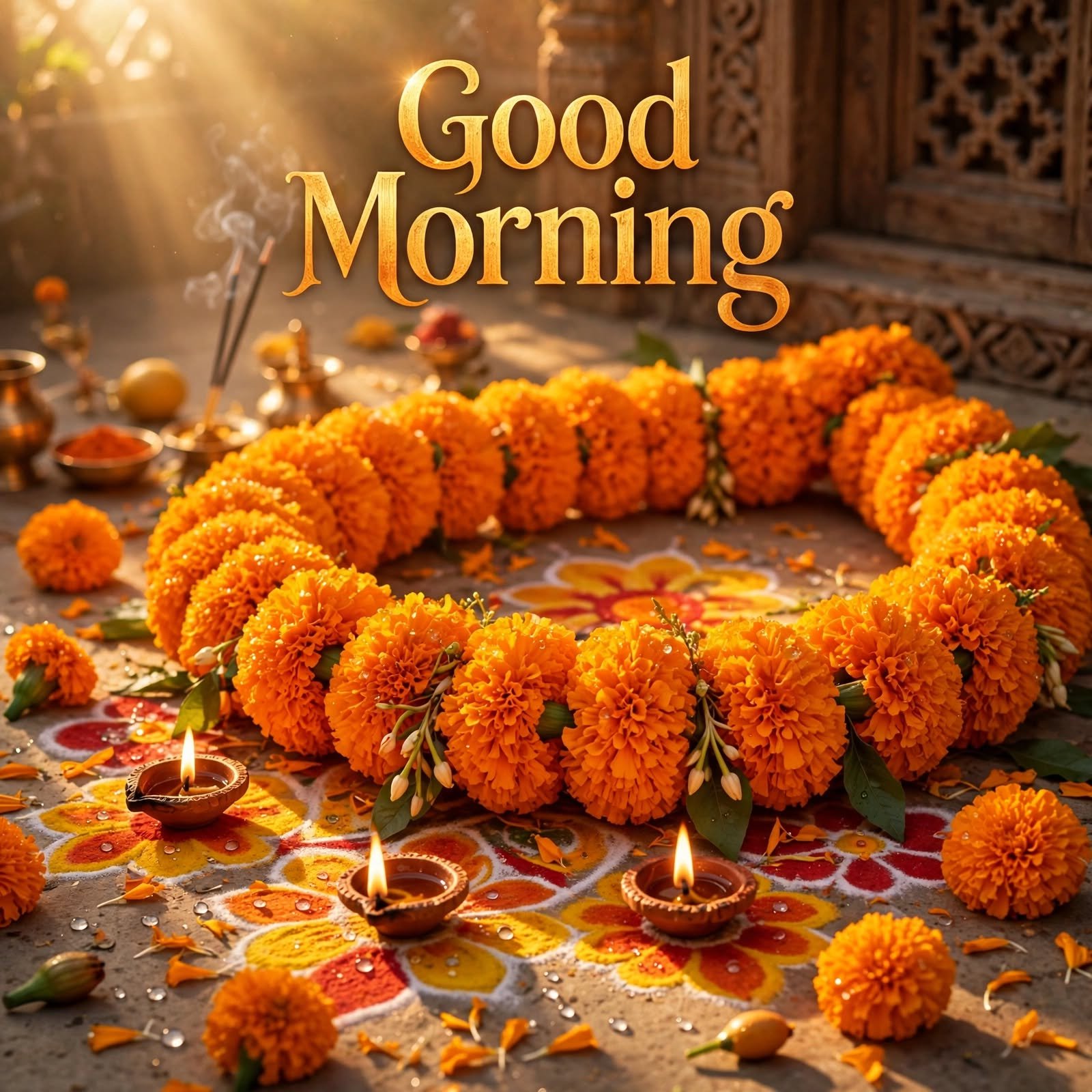 good-morning-image-with-orange-marigolds-garland-v